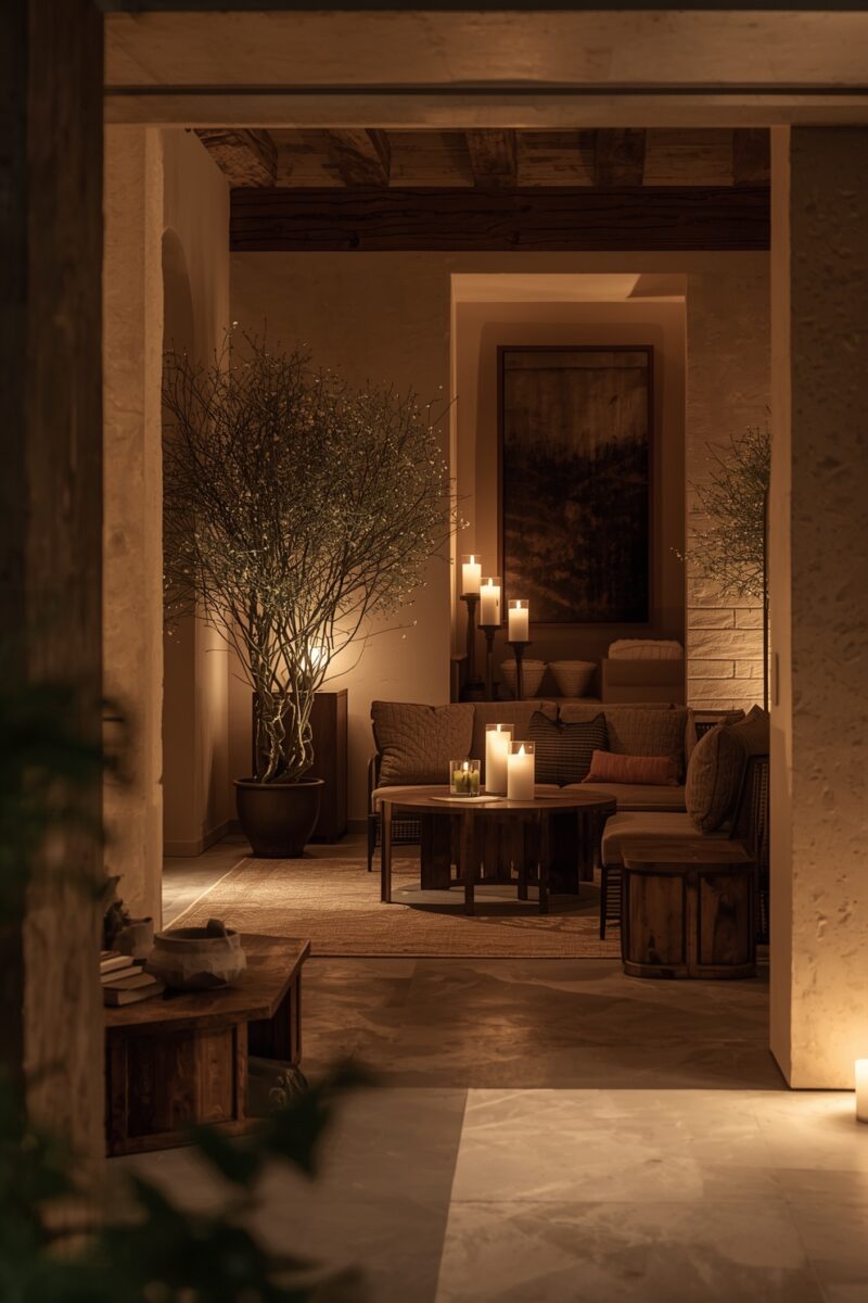 Warm candlelit living room with rustic wooden beams, round coffee table, pillar candles, and indoor trees