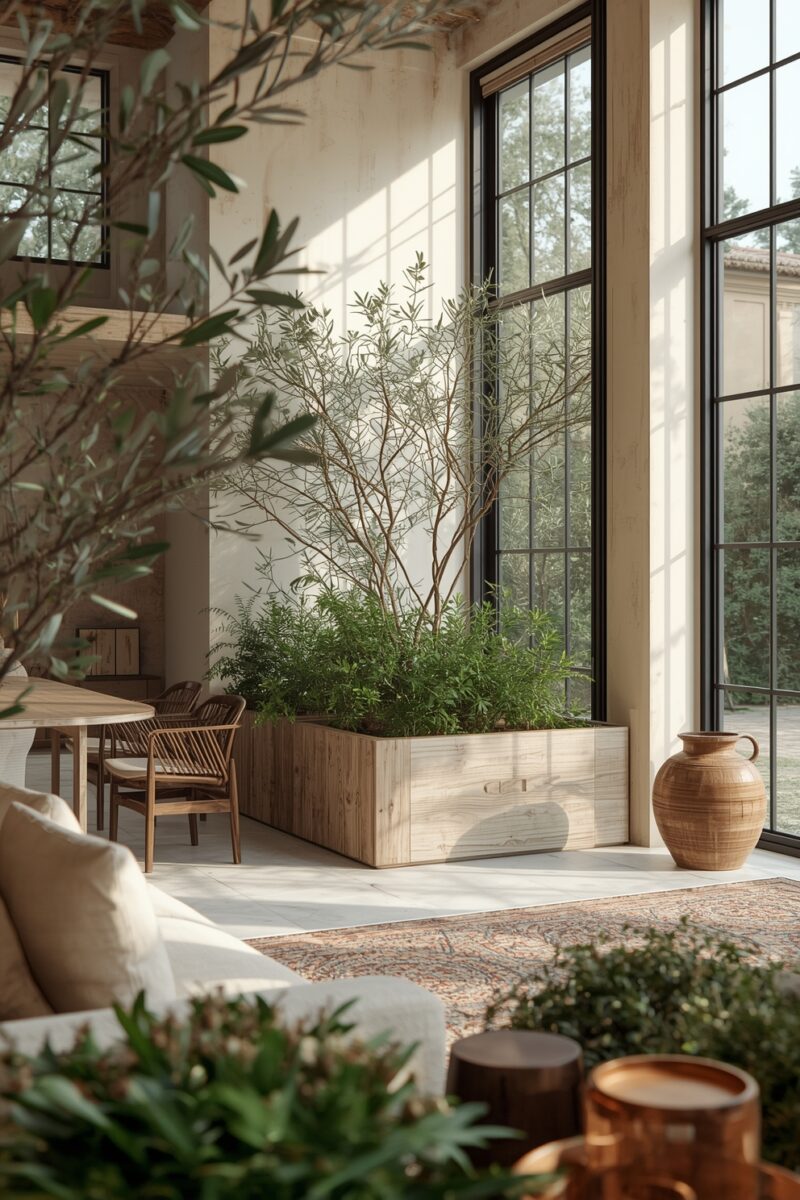 Sunlit modern interior with large black-framed windows, wooden planter box with indoor trees, ceramic vase, and natural wood furniture