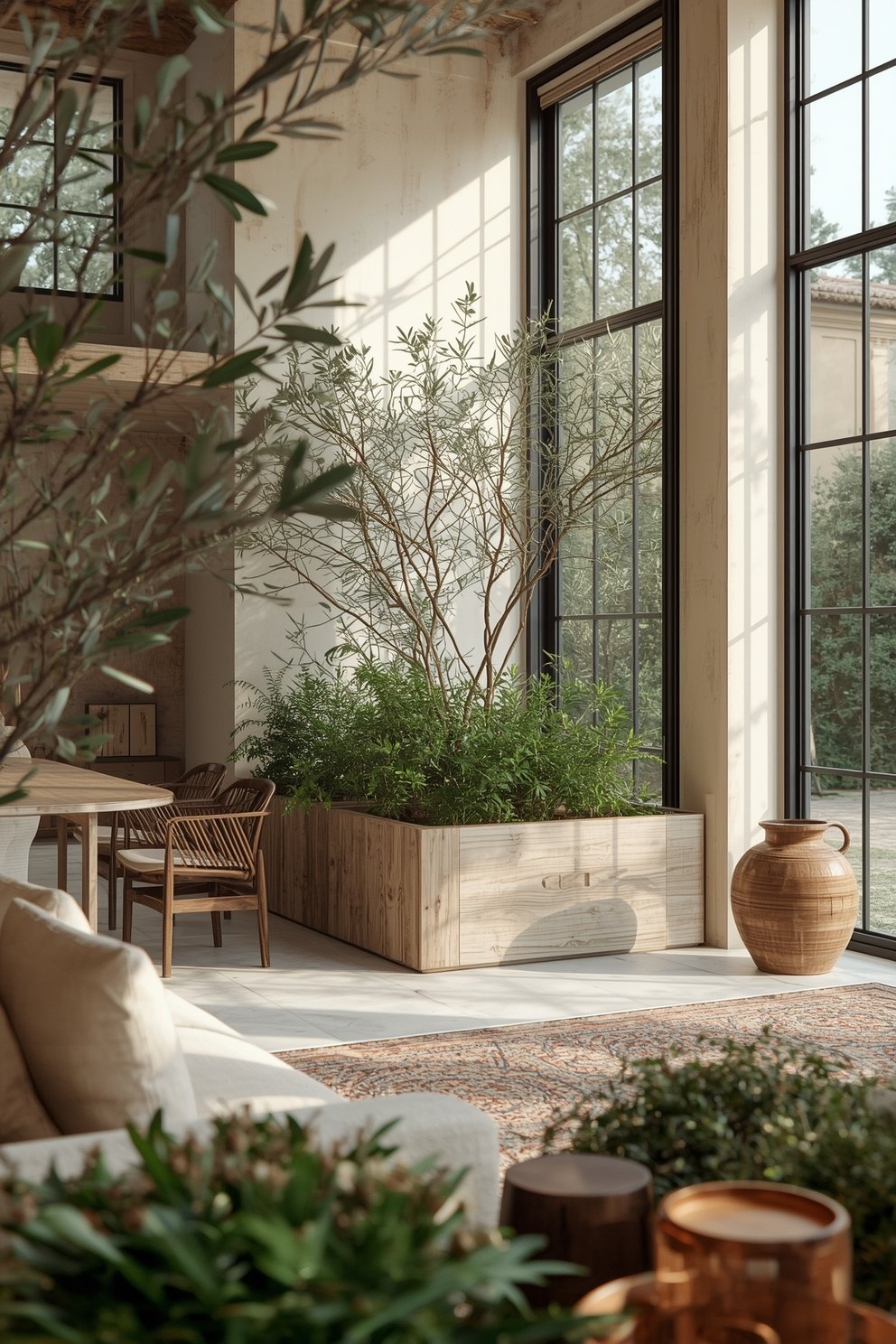 Sunlit modern interior with large black-framed windows, wooden planter box with indoor trees, ceramic vase, and natural wood furniture