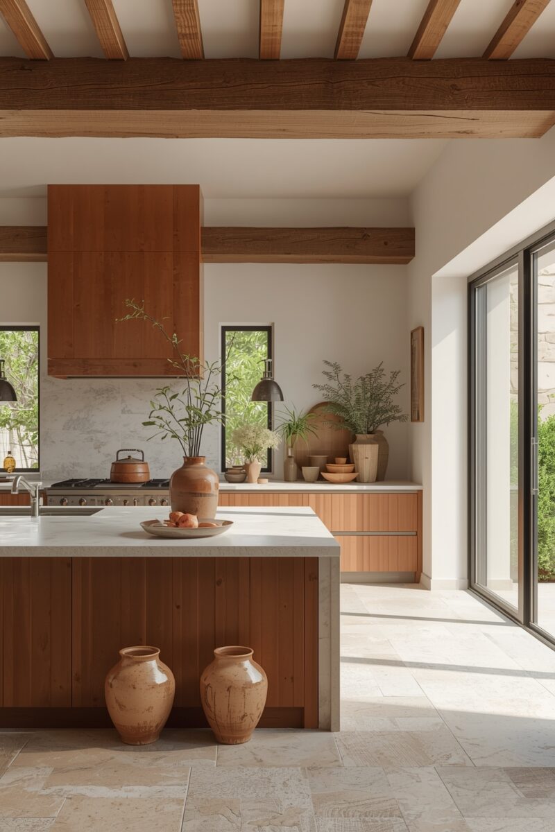 Rustic modern kitchen with wood beam ceiling, terracotta vases, cedar cabinets, and stone tile floor