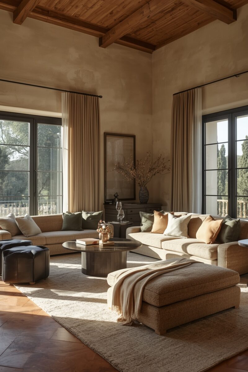 Elegant Mediterranean-style living room with beige sofas, wooden beam ceiling, large windows, and warm natural light