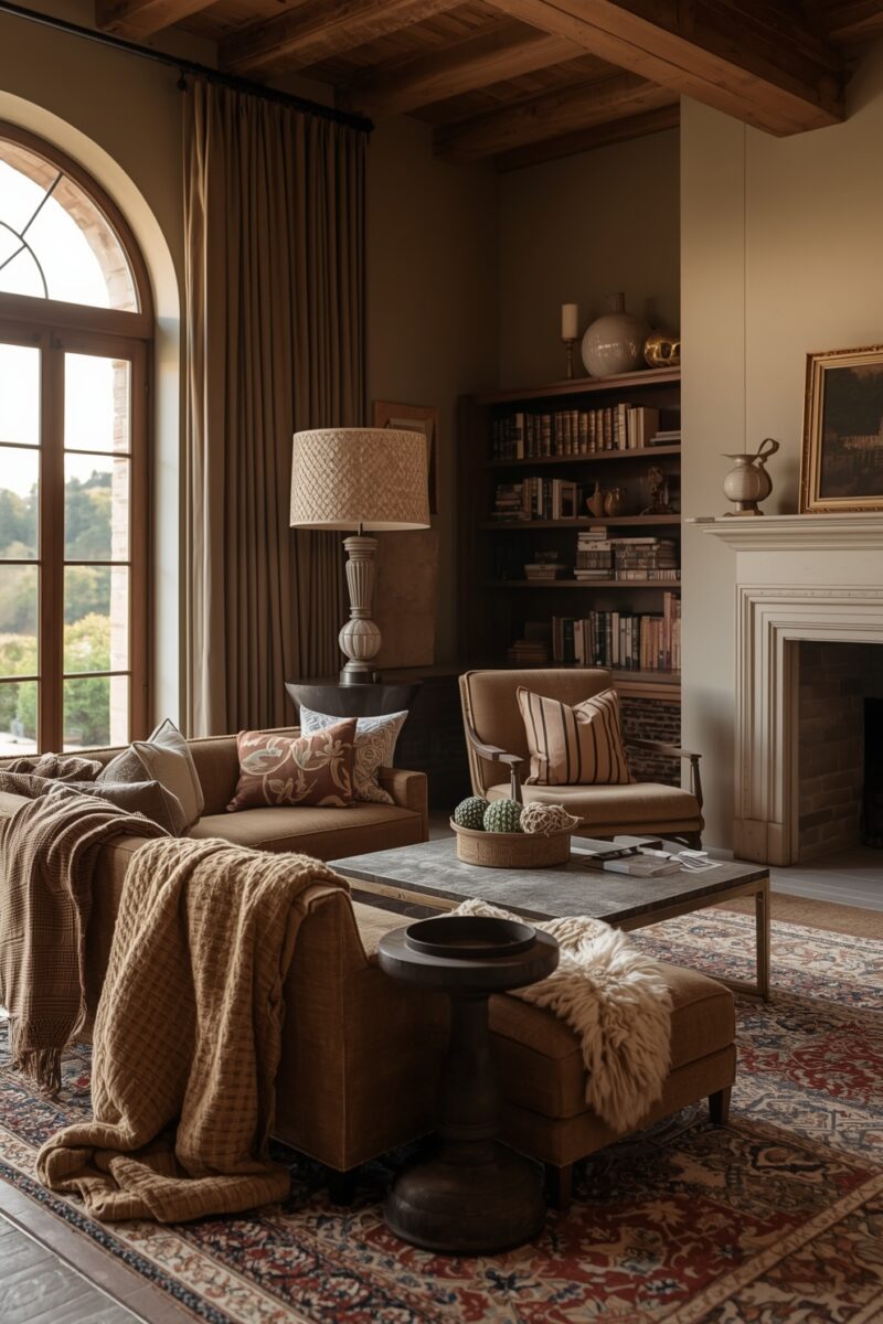 Warm traditional living room with brown sofa, arched window, bookshelf, fireplace, and Persian rug