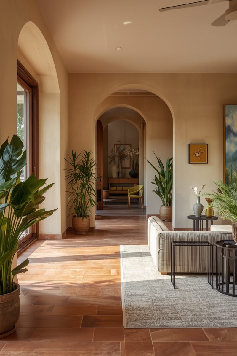 Bright Mediterranean-style living room with arched doorways, terracotta tile floors, tropical plants, and striped sofa