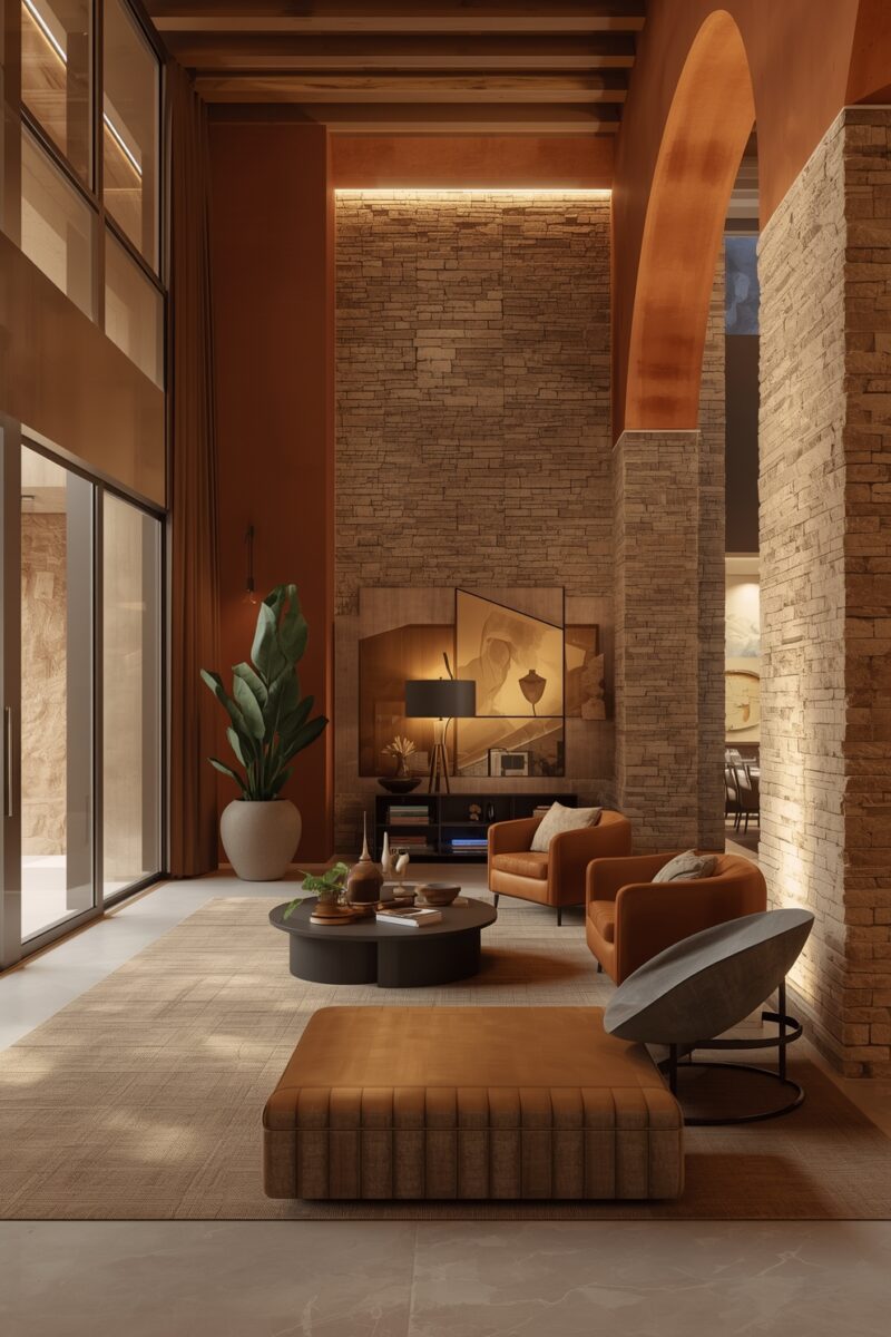 Luxury living room with terracotta walls, stacked stone, exposed wood beams, cognac leather chairs, and round dark coffee table
