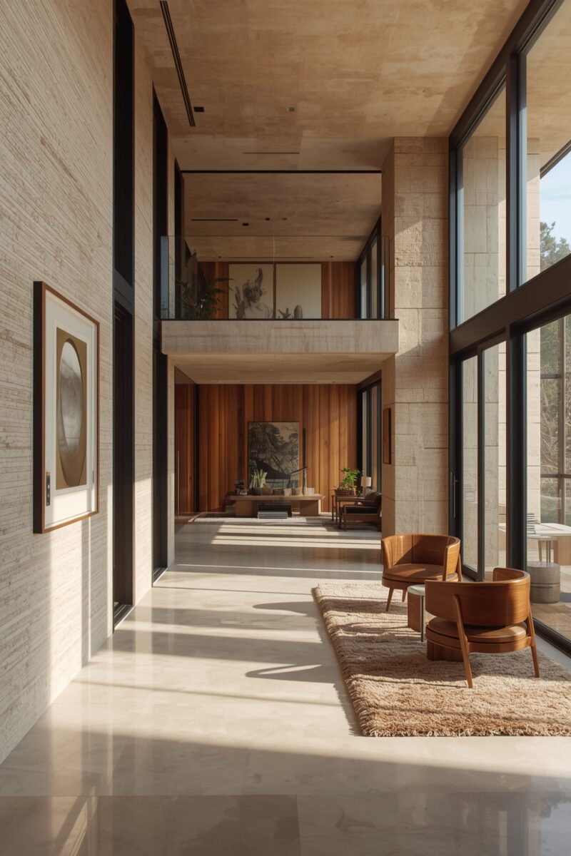 Modern luxury interior hallway with double-height ceilings, travertine walls, wood paneling, and floor-to-ceiling windows