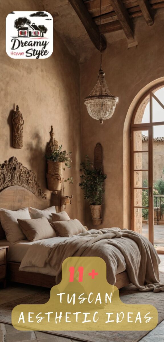Rustic Tuscan bedroom with carved wooden headboard, beaded chandelier, arched window, and warm terracotta walls