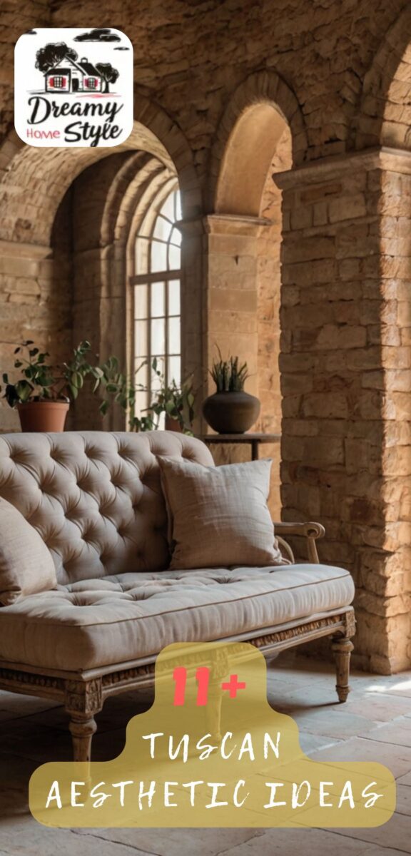 Tuscan-style living room with stone arched walls, tufted linen sofa, and large arched window with natural light