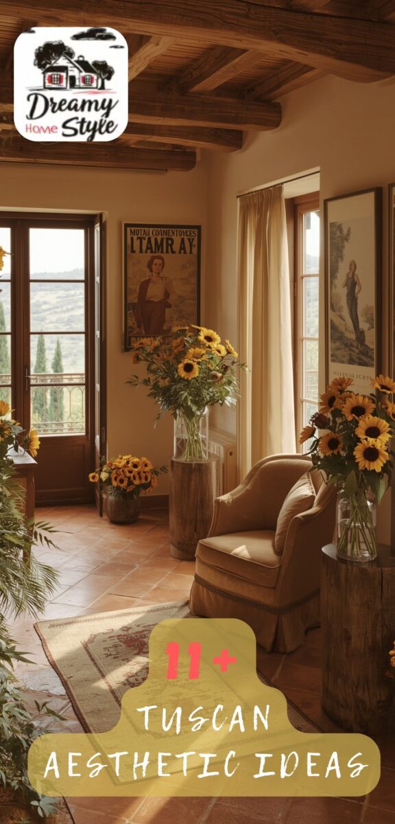 Tuscan-style living room with wooden beam ceiling, terracotta floors, sunflowers, and Tuscan countryside view