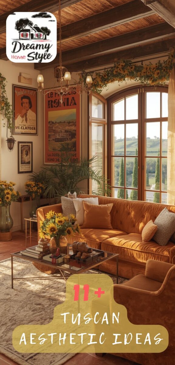 Tuscan-style living room with amber velvet sofa, wood beam ceiling, arched windows, and sunflower decor