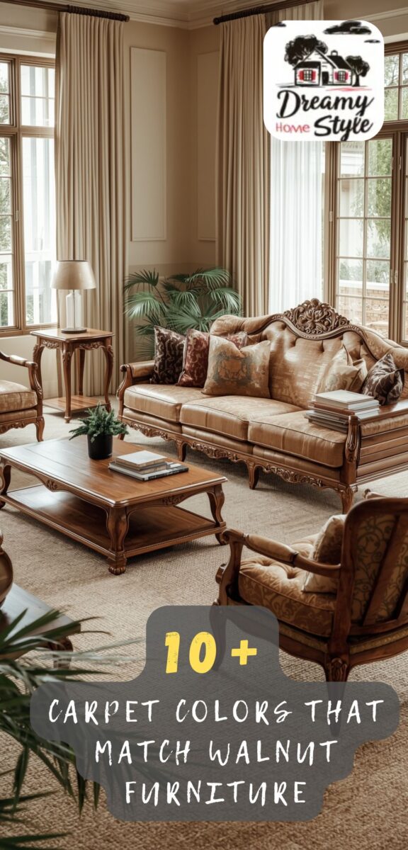 Traditional living room with ornate walnut wood furniture set on a neutral beige carpet with large windows