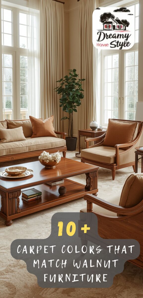 Elegant living room with rich walnut wood furniture set and light cream carpet, featuring sofa, chairs, and coffee table