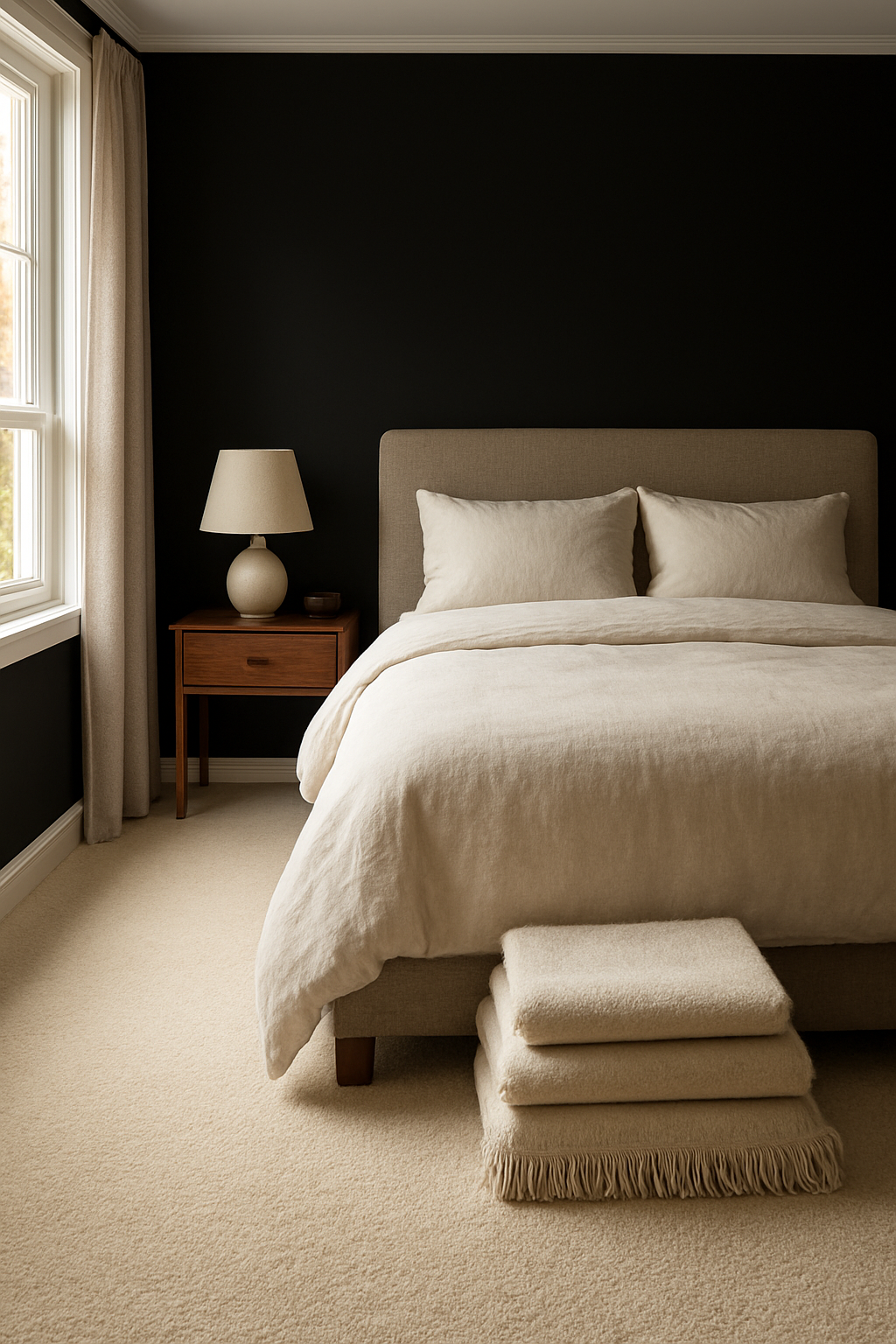 Bedroom with black walls and a soft cream carpet underfoot