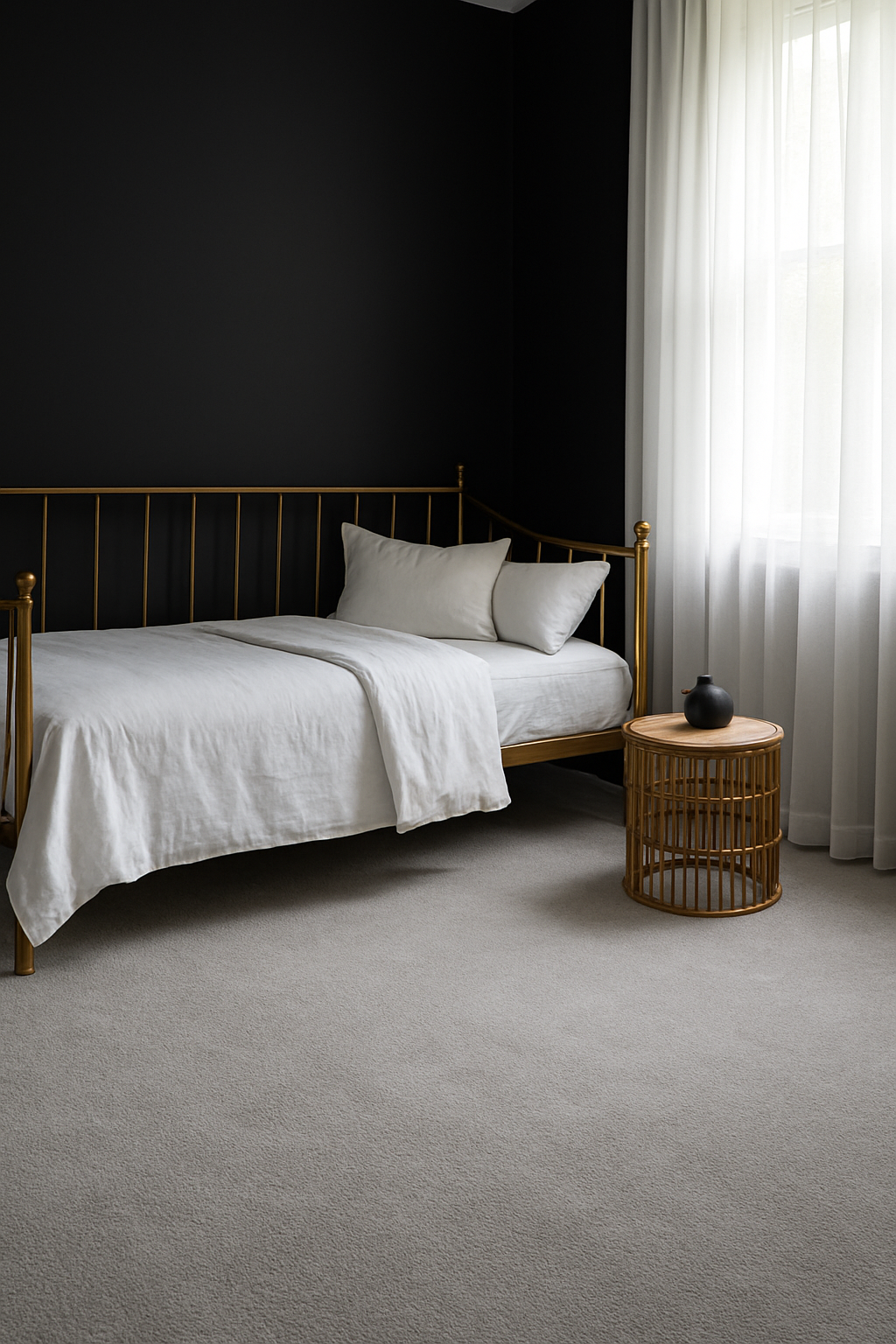 Guest room with black walls and a light gray carpet, brass daybed