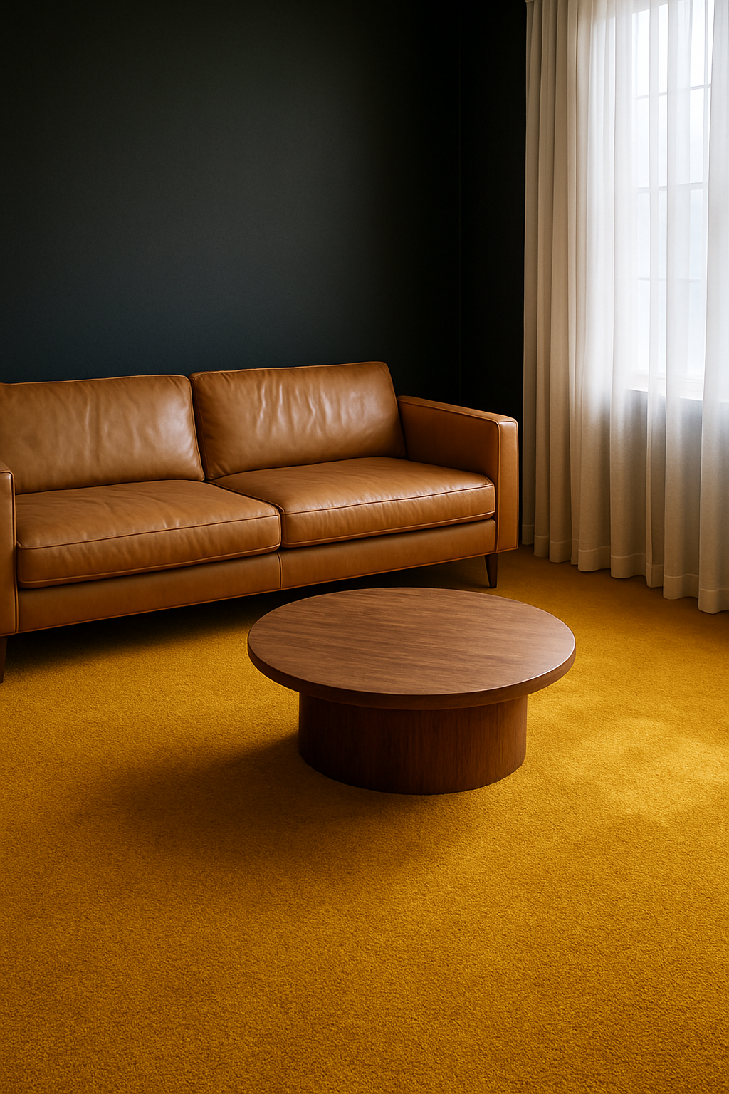Family room with black walls and a warm mustard yellow carpet