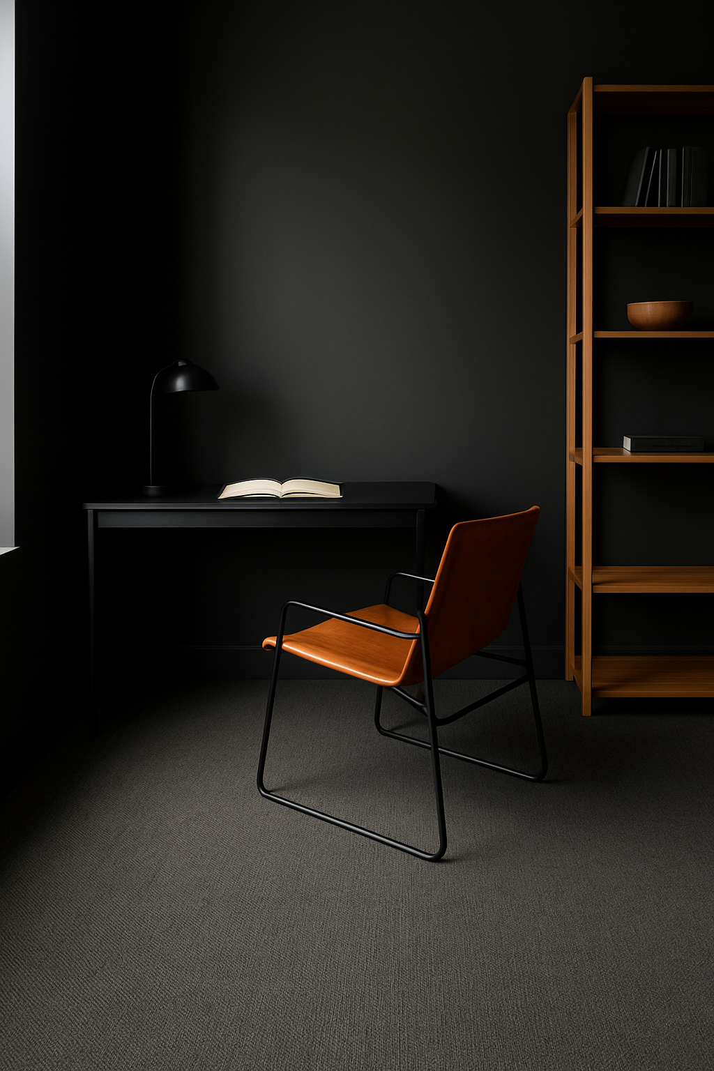 Study with black walls and a low-pile charcoal flat-weave carpet