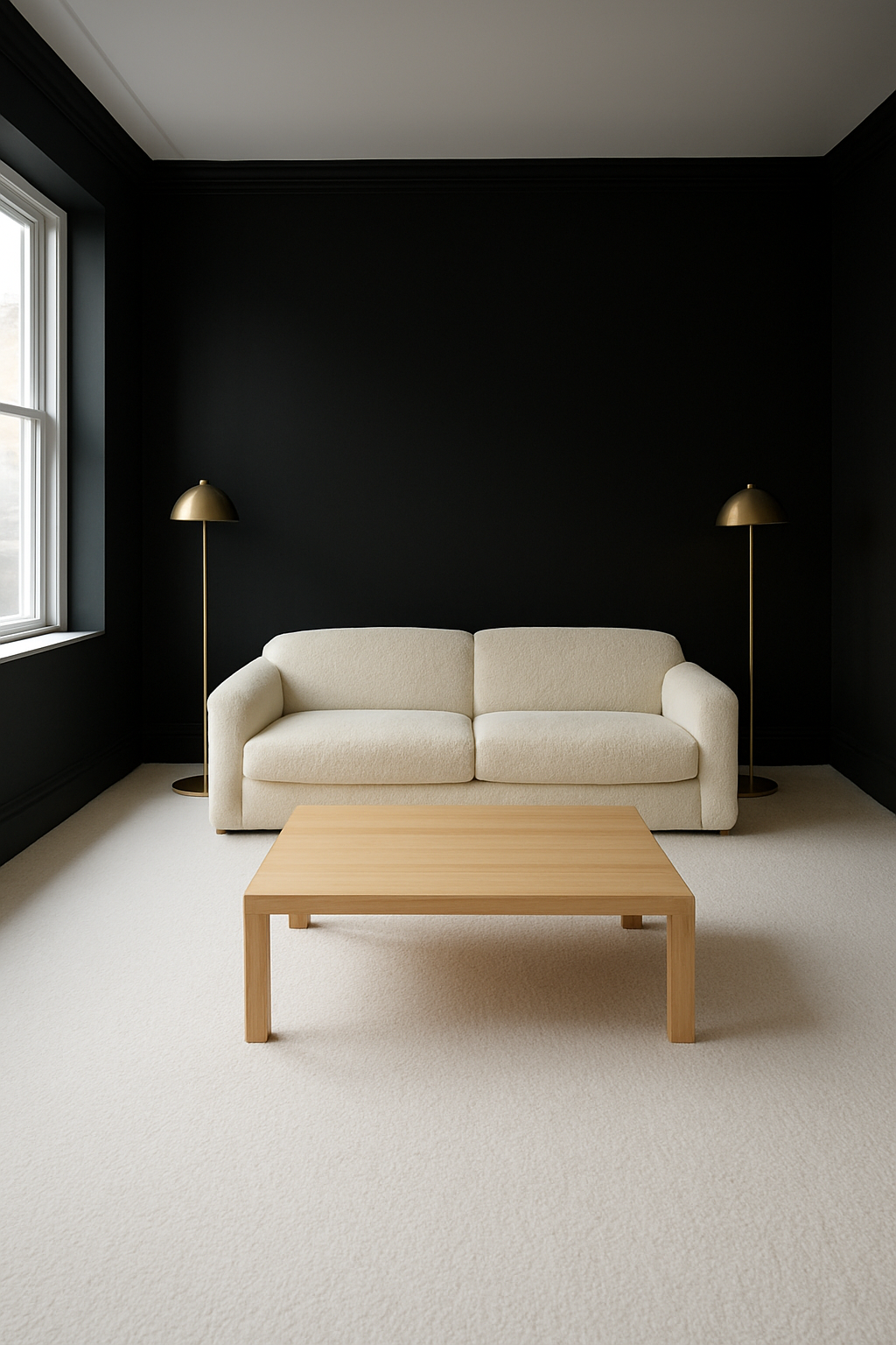 Living room with black walls and a crisp white carpet, boucle sofa