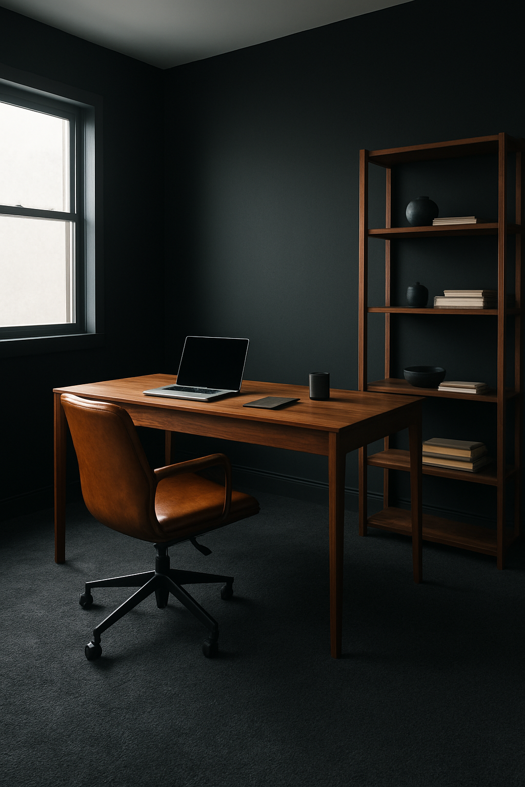Home office with black walls and a charcoal carpet, walnut desk corner