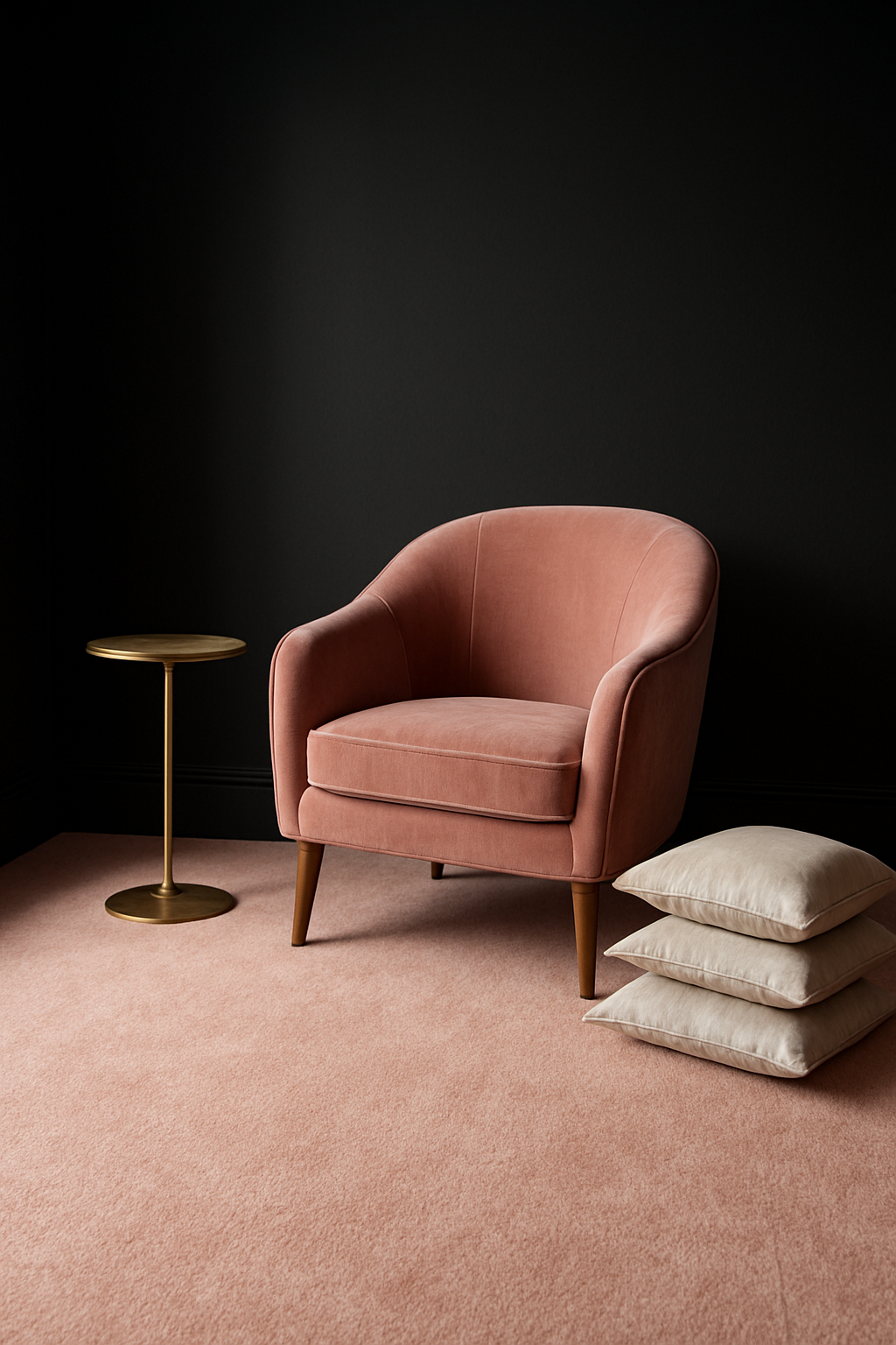 Sitting room with black walls and a blush pink carpet, velvet chair