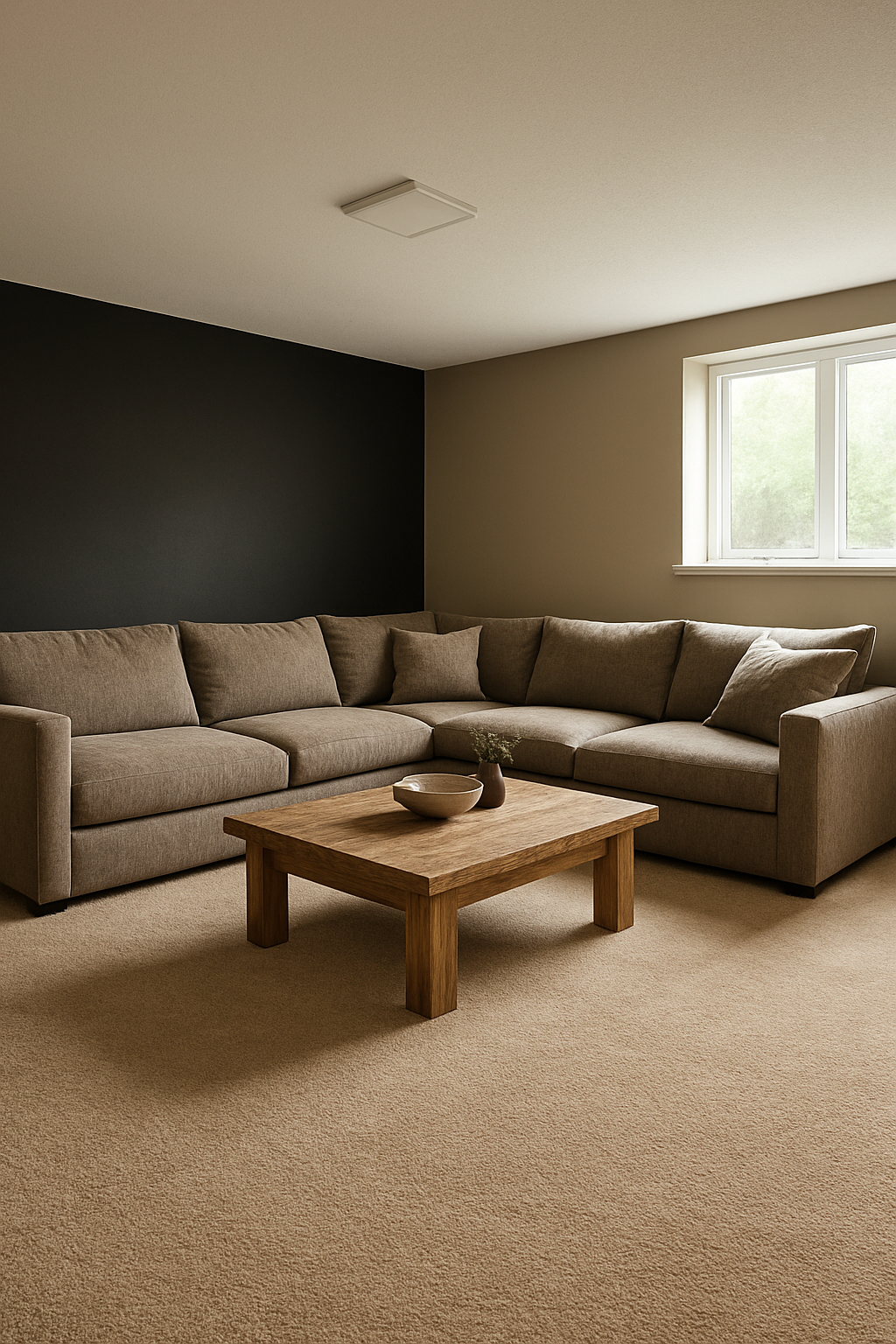 Basement with a black accent corner and warm taupe carpet underfoot