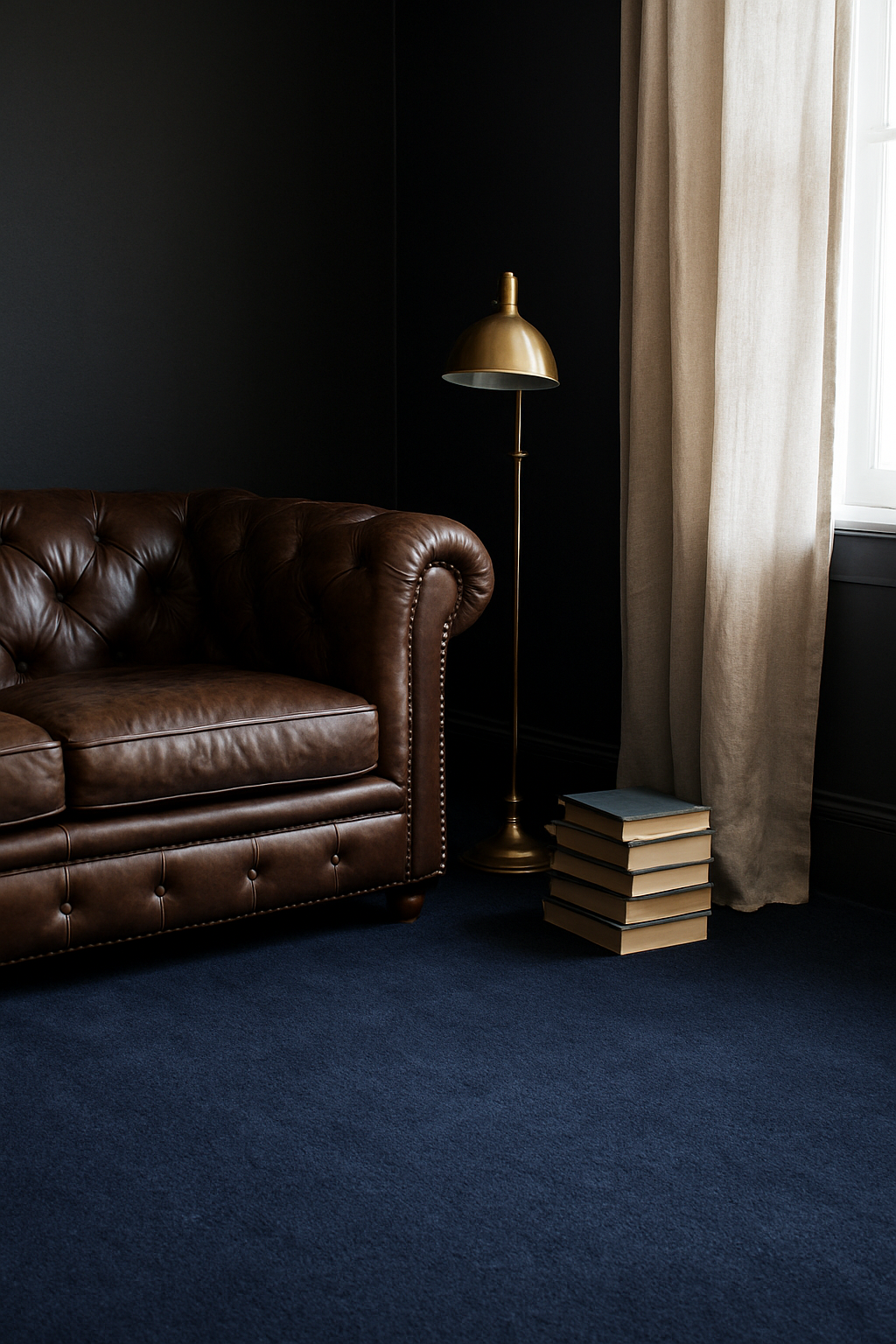 Den with black walls and a deep navy carpet, leather chesterfield sofa