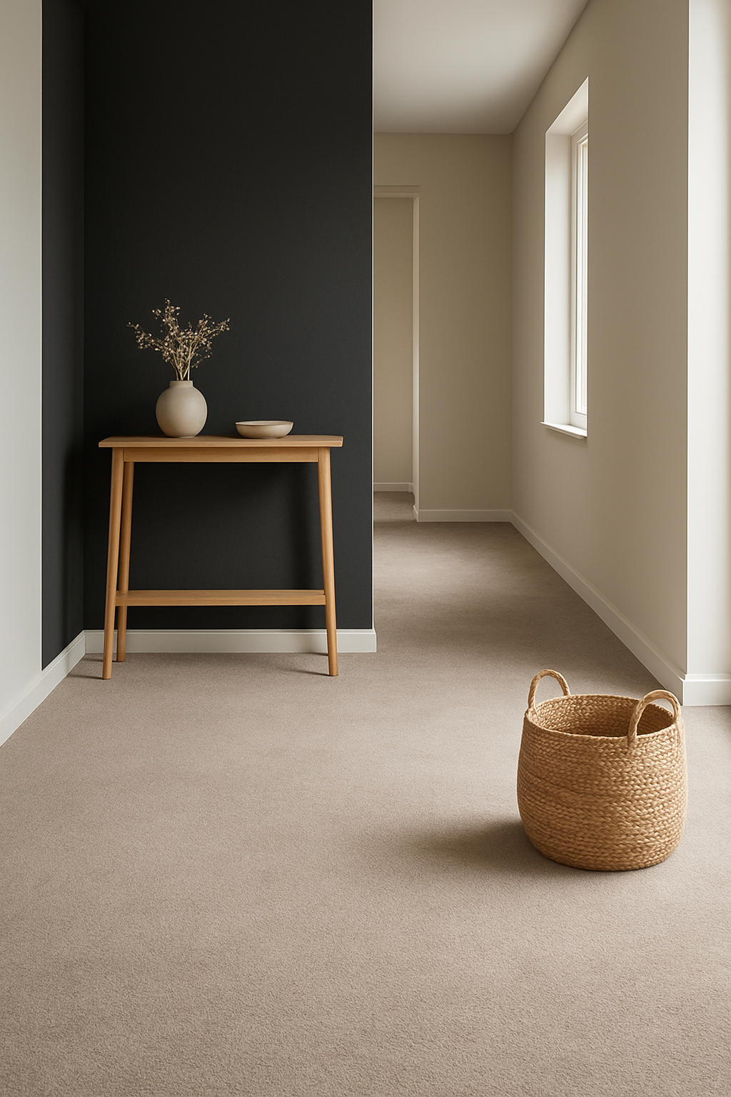 Hallway with a black accent corner and warm greige carpet underfoot