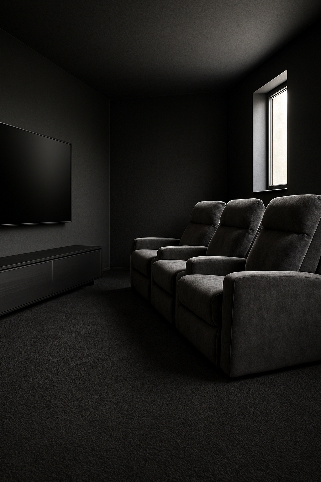 Home theater with black walls and a textured black carpet floor
