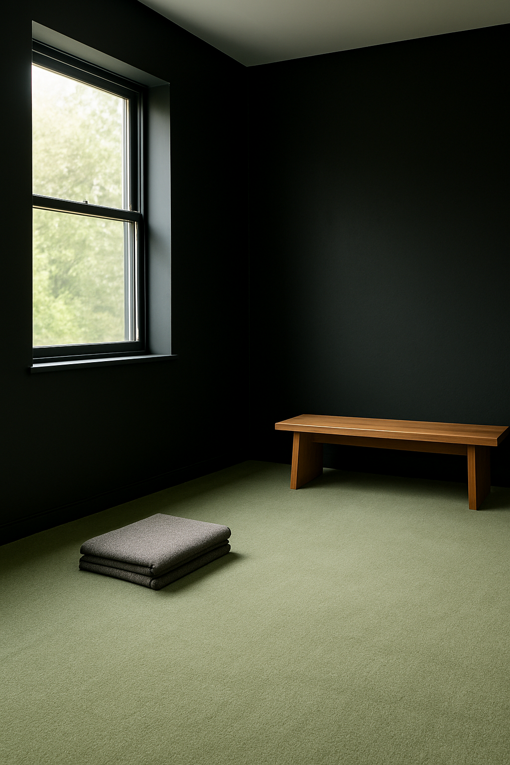 Yoga room with black walls and a soft sage green carpet