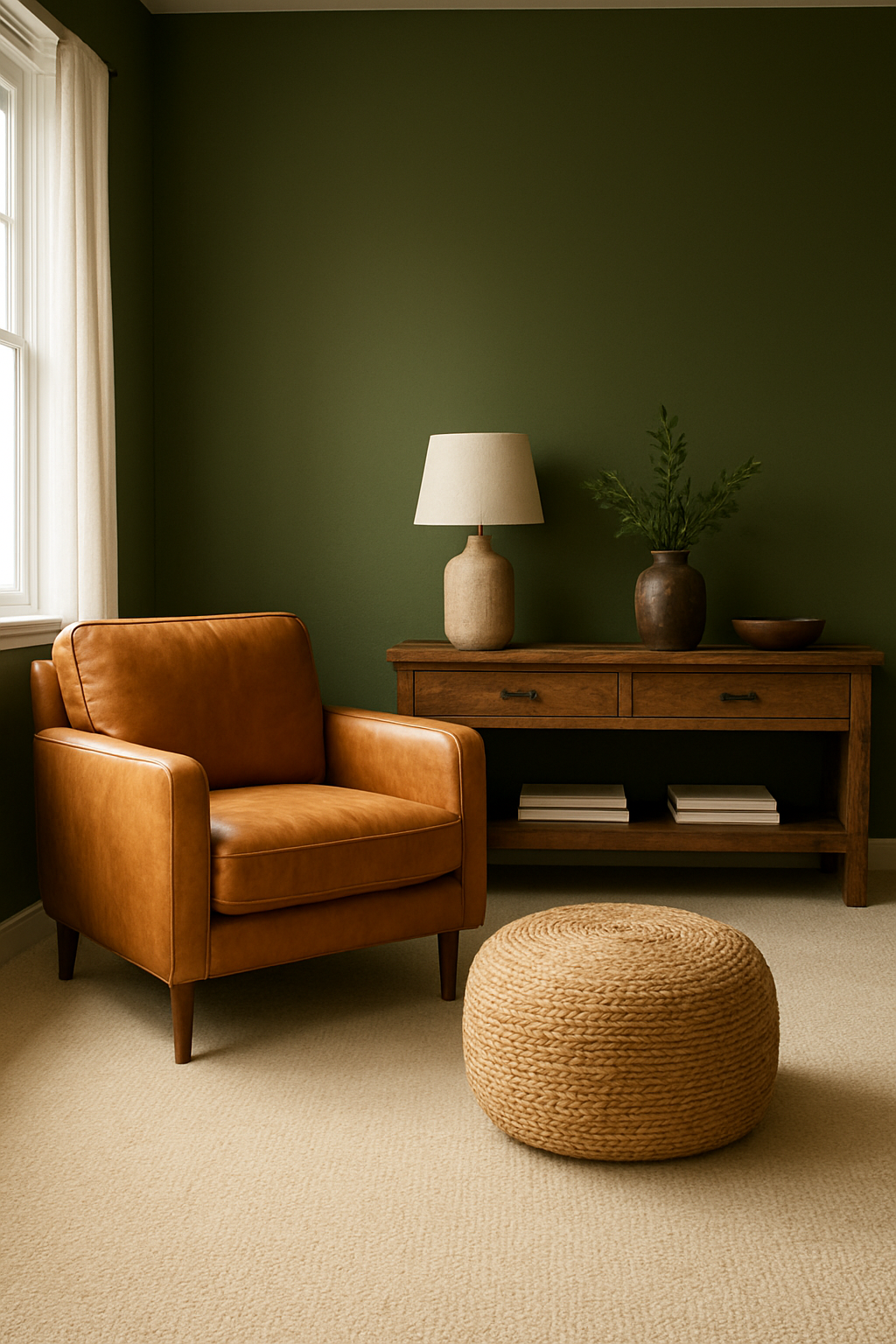 Family room with moss green walls and a buttery cream carpet