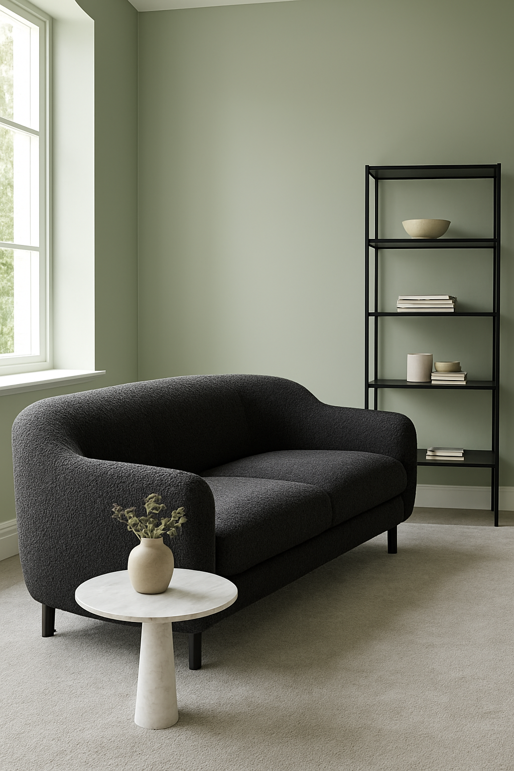 Living room with sage green walls and a soft gray carpet