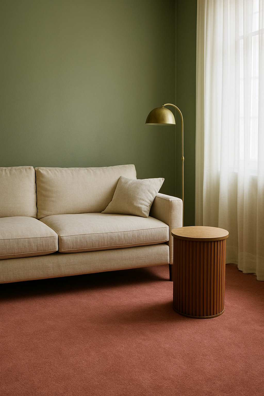 Living room with sage green walls and a dusty rose carpet