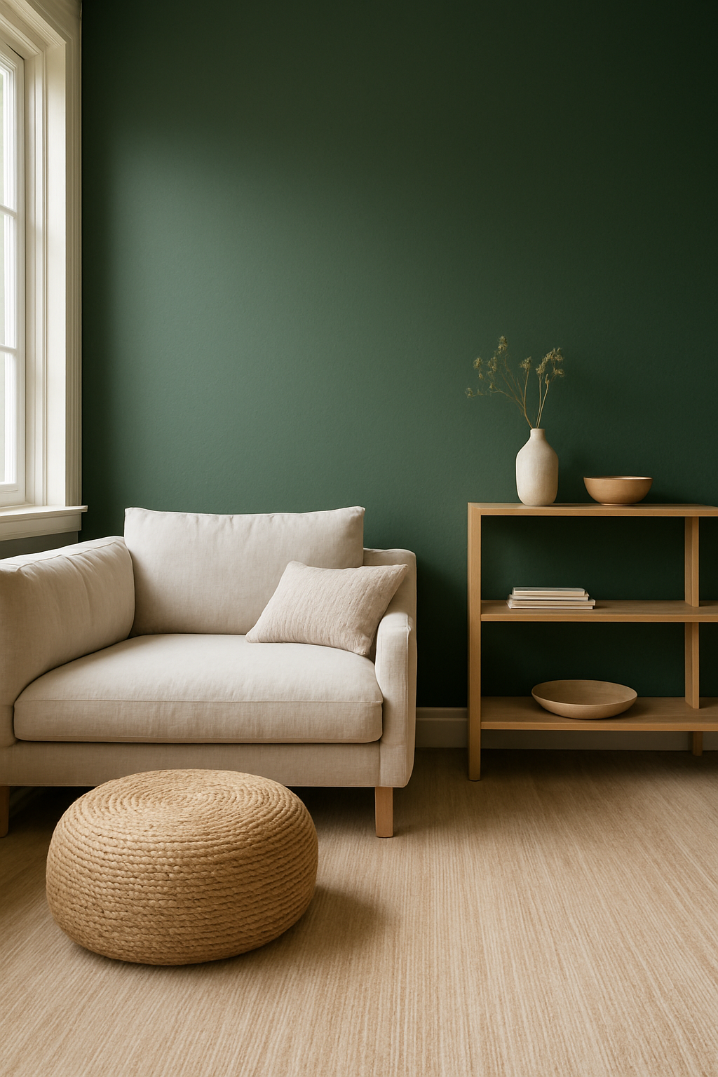 Den with deep green walls and a light wood-look carpet