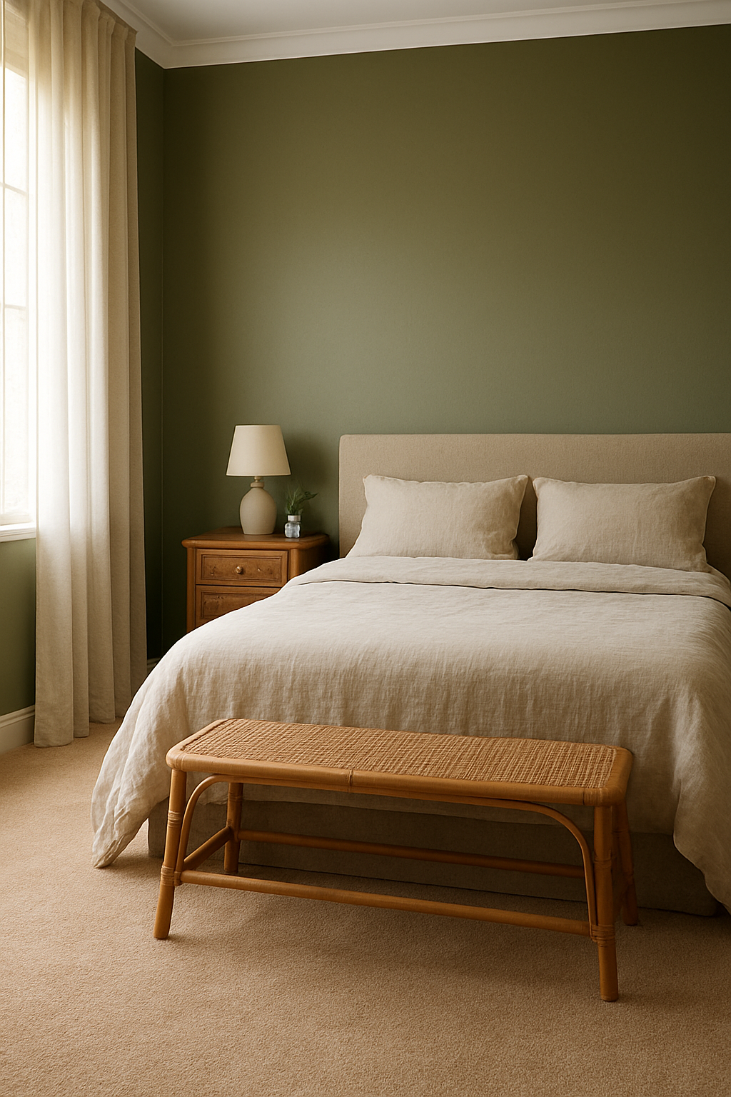 Bedroom with olive green walls and a rich beige carpet
