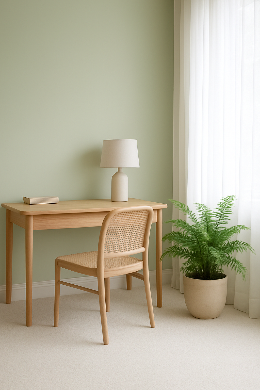 Home office with pale green walls and a soft white carpet