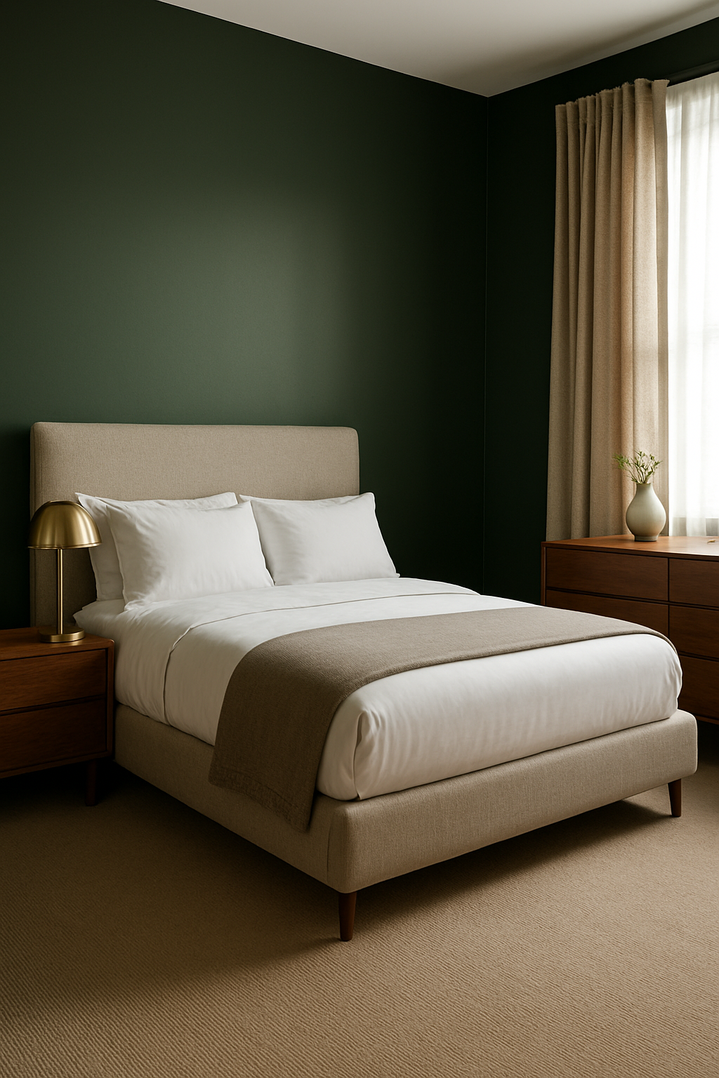 Guest room with forest green walls and a taupe carpet