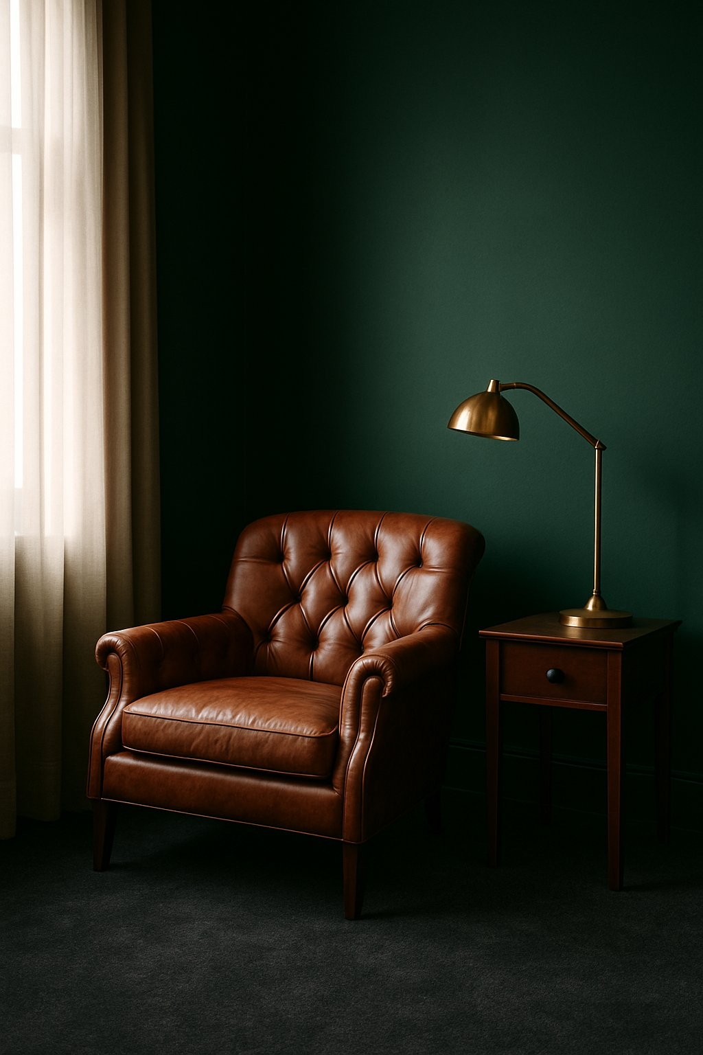 Den with deep emerald green walls and a charcoal carpet