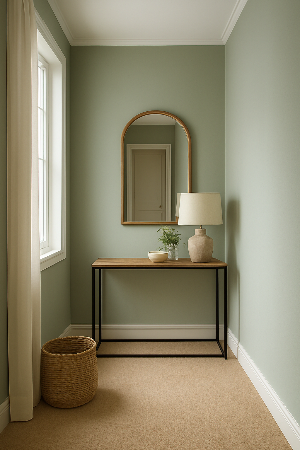 Hallway with sage green walls and a warm tan carpet
