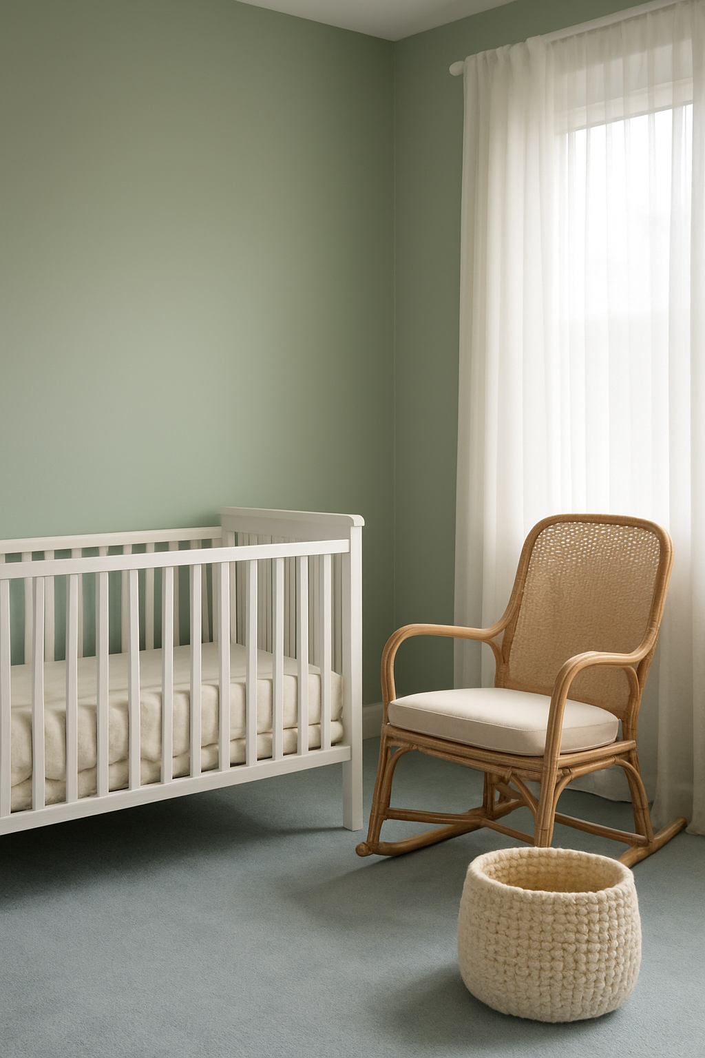 Nursery with soft green walls and a pale blue-gray carpet