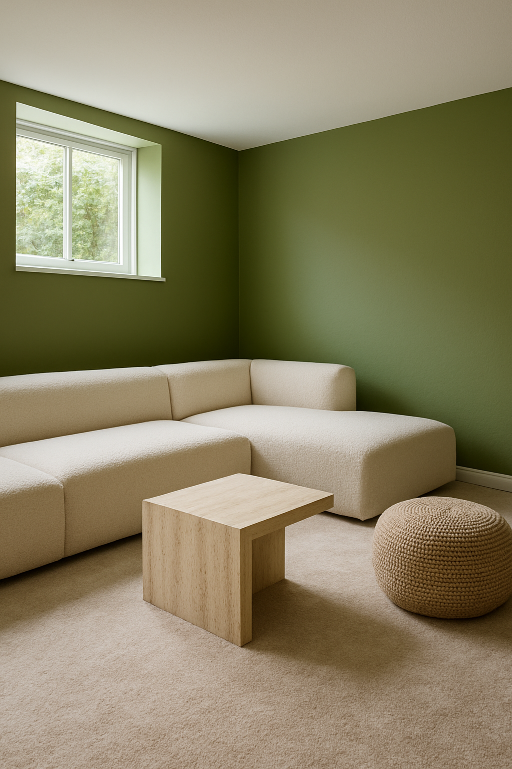 Basement with moss green walls and a mushroom carpet