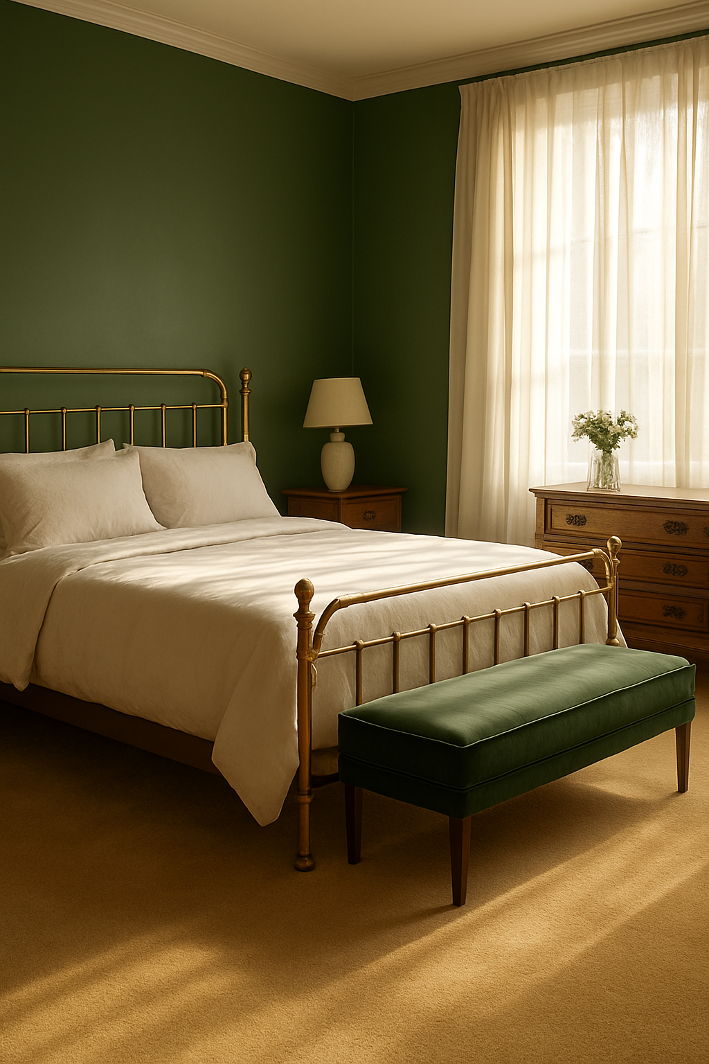 Bedroom with fern green walls and a soft gold carpet