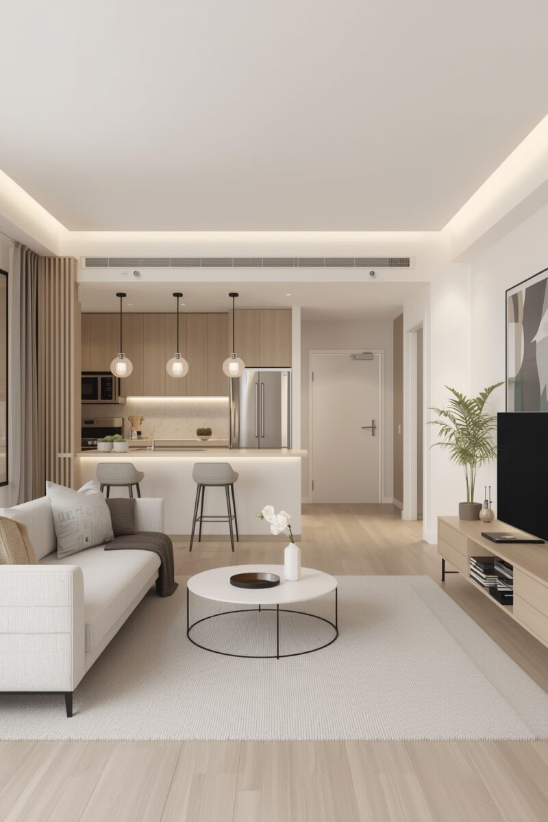 Modern open-plan living room and kitchen with white sofa, round coffee table, wood cabinets, and pendant lights