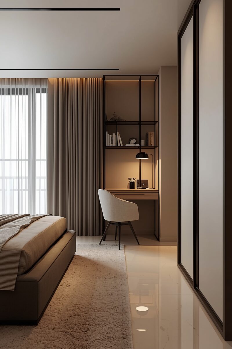 Modern minimalist bedroom with built-in study nook featuring warm desk lamp, open shelving, and white accent chair