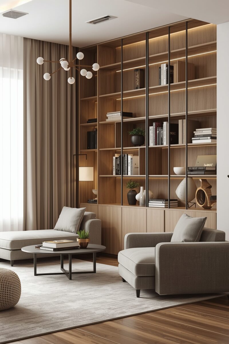 Modern living room with floor-to-ceiling walnut bookshelf, gray sofas, round coffee table, and sputnik chandelier