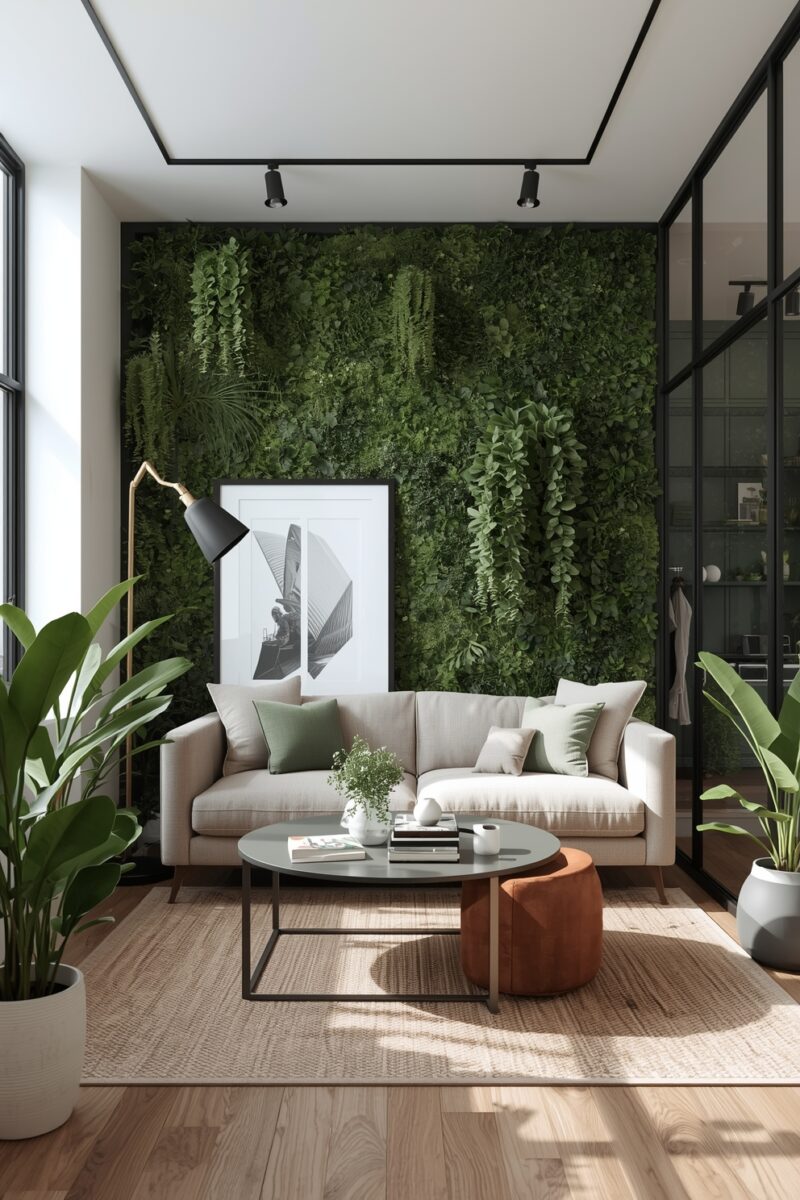 Modern living room with lush green vertical plant wall, beige sofa, round coffee table, and tropical houseplants on wood floor