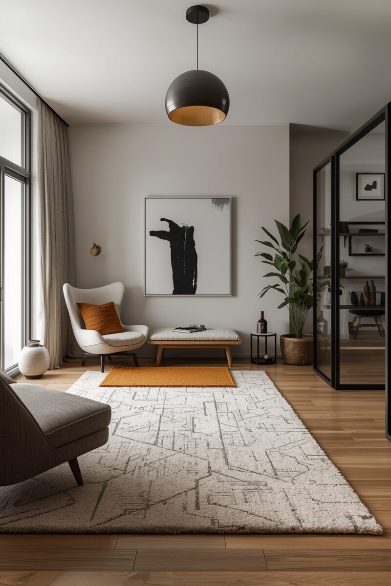 Modern Scandinavian living room with white wingback chair, abstract wall art, patterned rug, and globe pendant light
