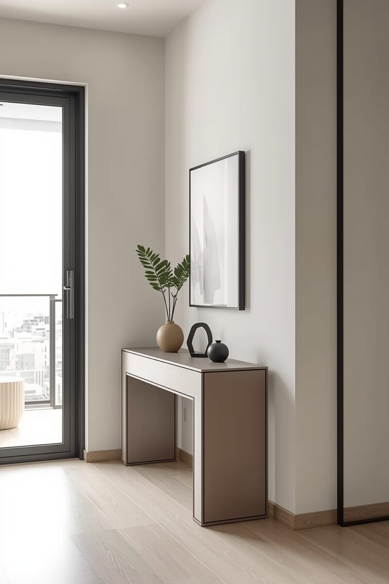 Minimalist hallway with brown console table, ceramic vases, green plant, abstract wall art, and balcony door