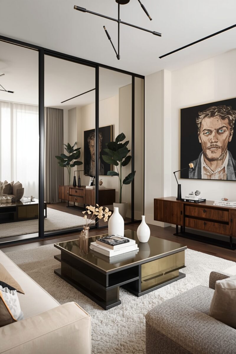 Modern luxury living room with mirrored wall panels, portrait artwork, gold coffee table, and neutral decor