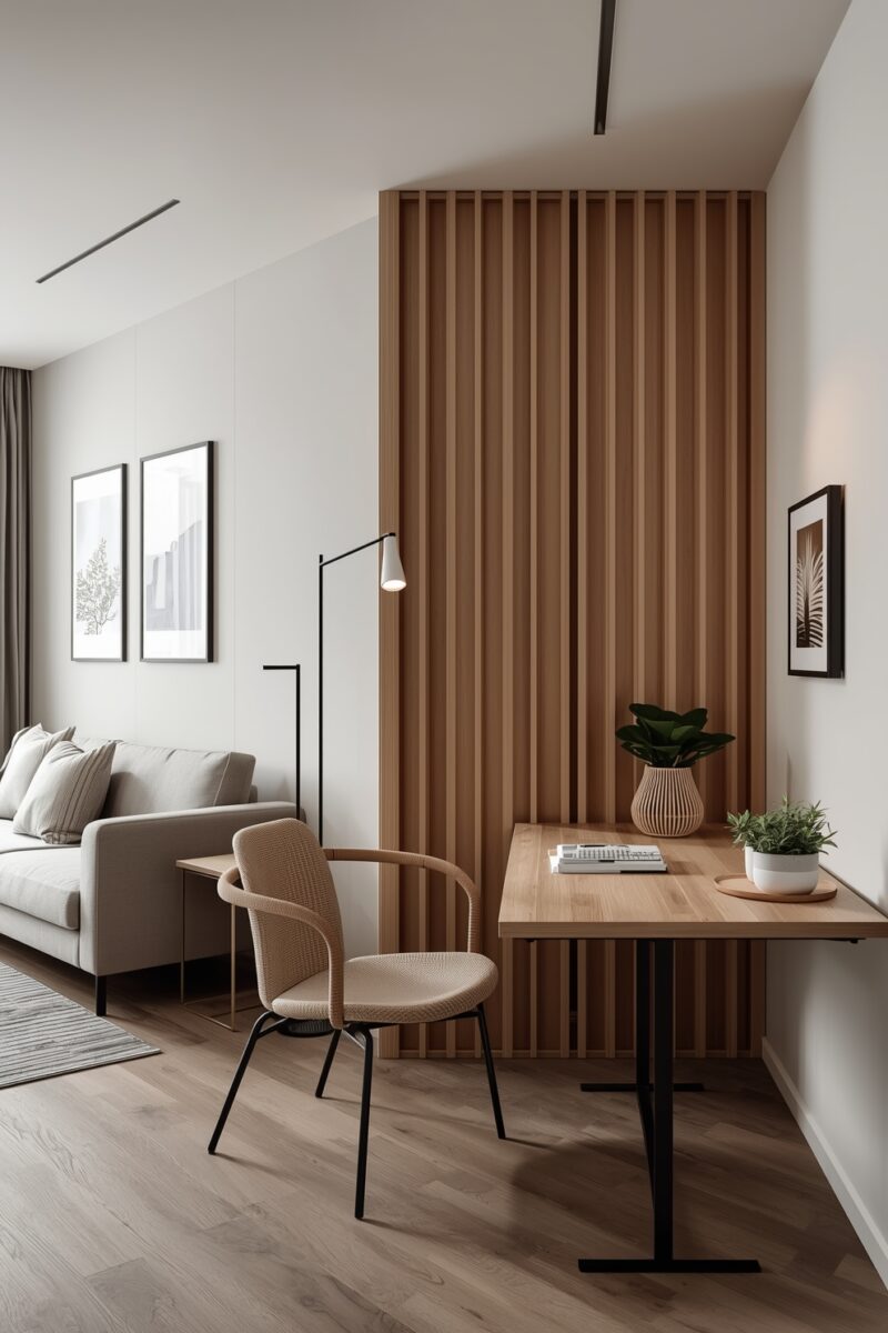 Modern minimalist home office nook with wooden desk, woven chair, vertical wood slat wall panel, and small potted plants