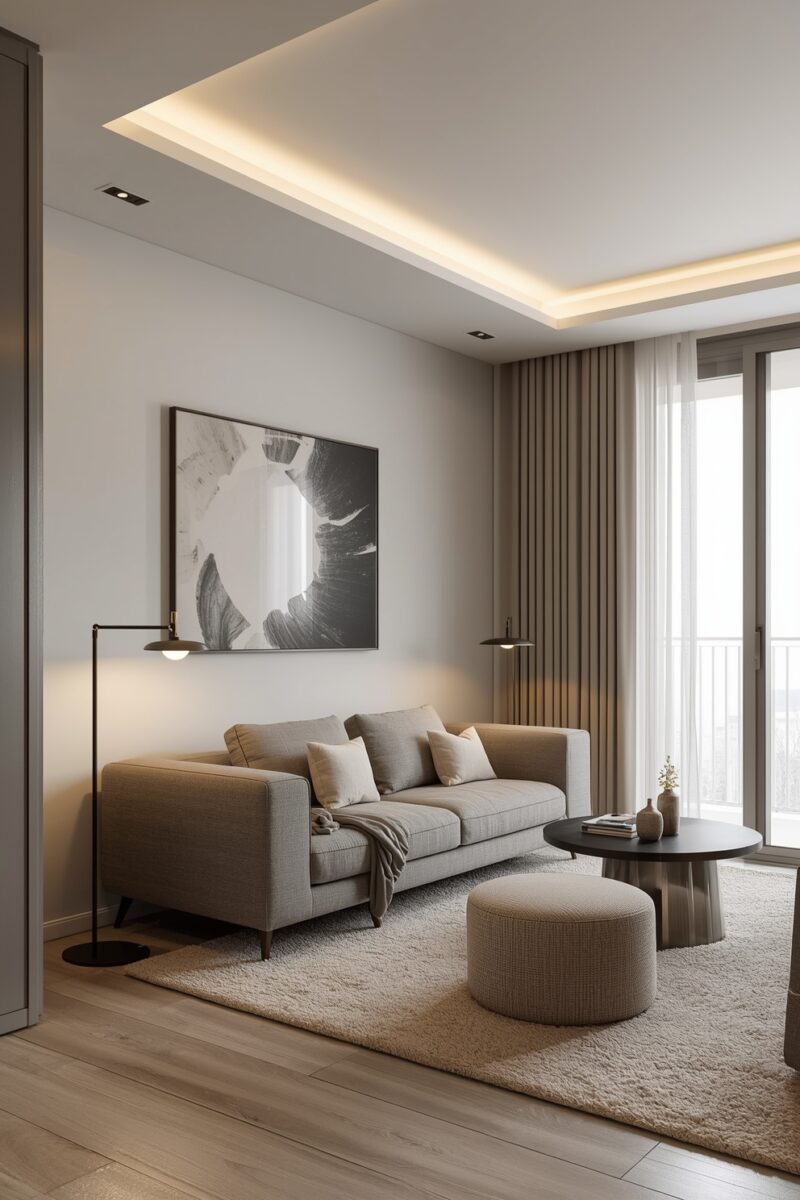 Modern minimalist living room with grey sofa, round ottoman, floor lamp, abstract wall art, and warm cove lighting