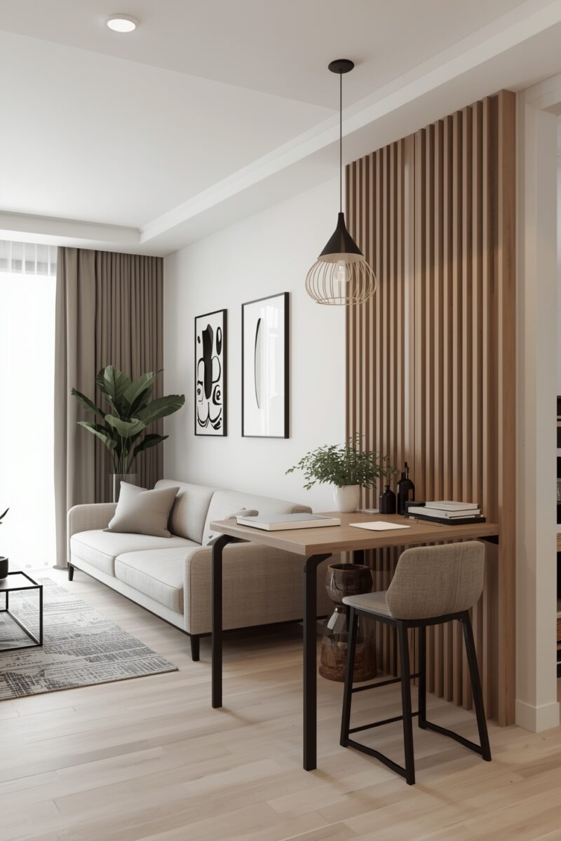 Modern minimalist living space with beige sofa, wooden slat accent wall, bar-height desk, and pendant lights