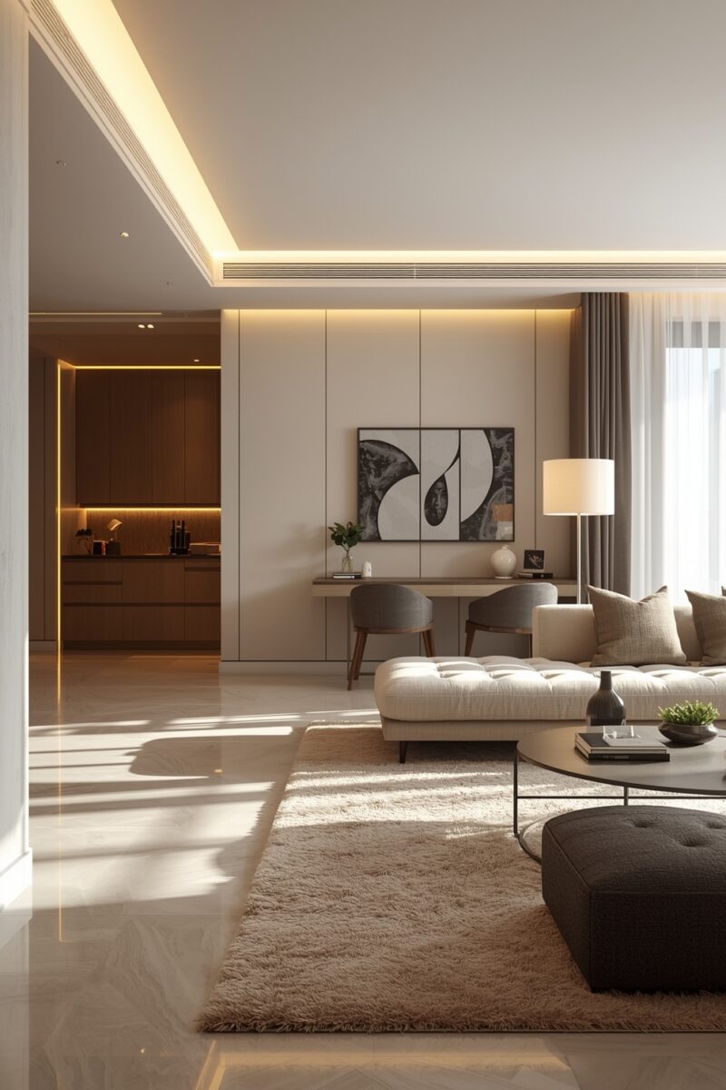 Modern luxury living room with neutral tones, tufted sofa, shag rug, abstract wall art, and warm cove lighting